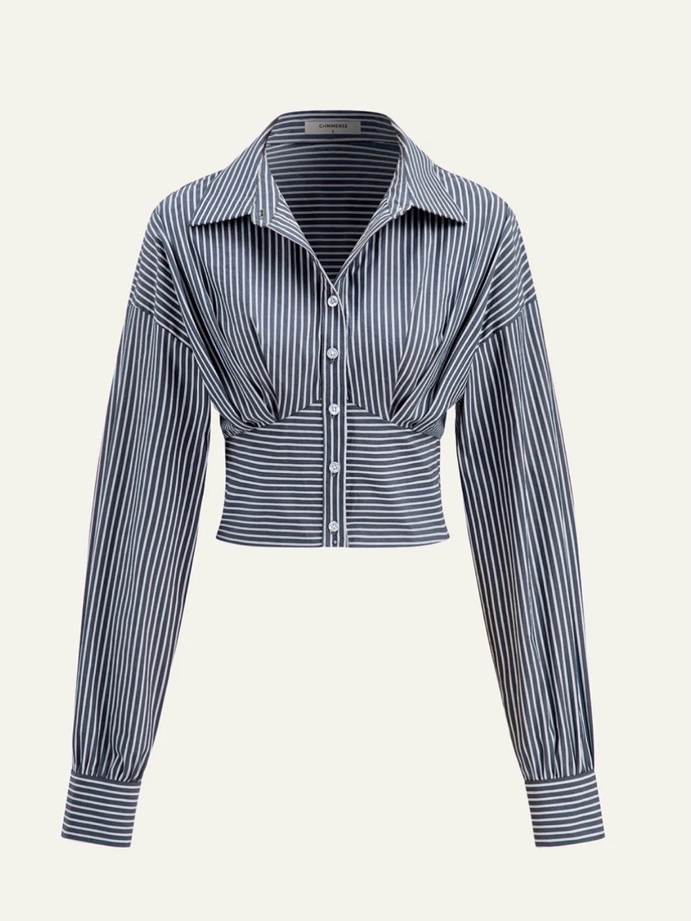 Commense Navy and White Striped Clinched Waist Cropped Button-Up